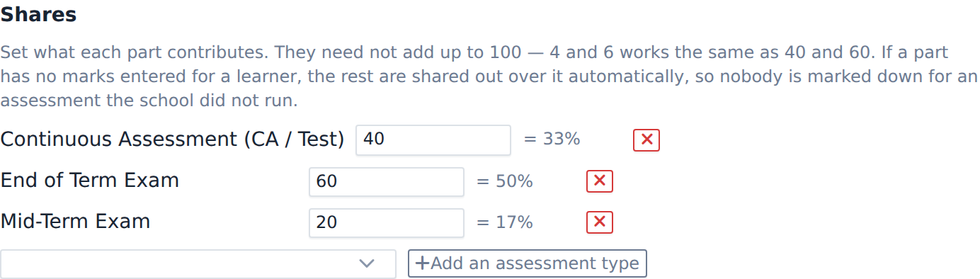 A mid-term exam added as a third weighted part alongside continuous assessment and the end-of-term exam, each with its own share.