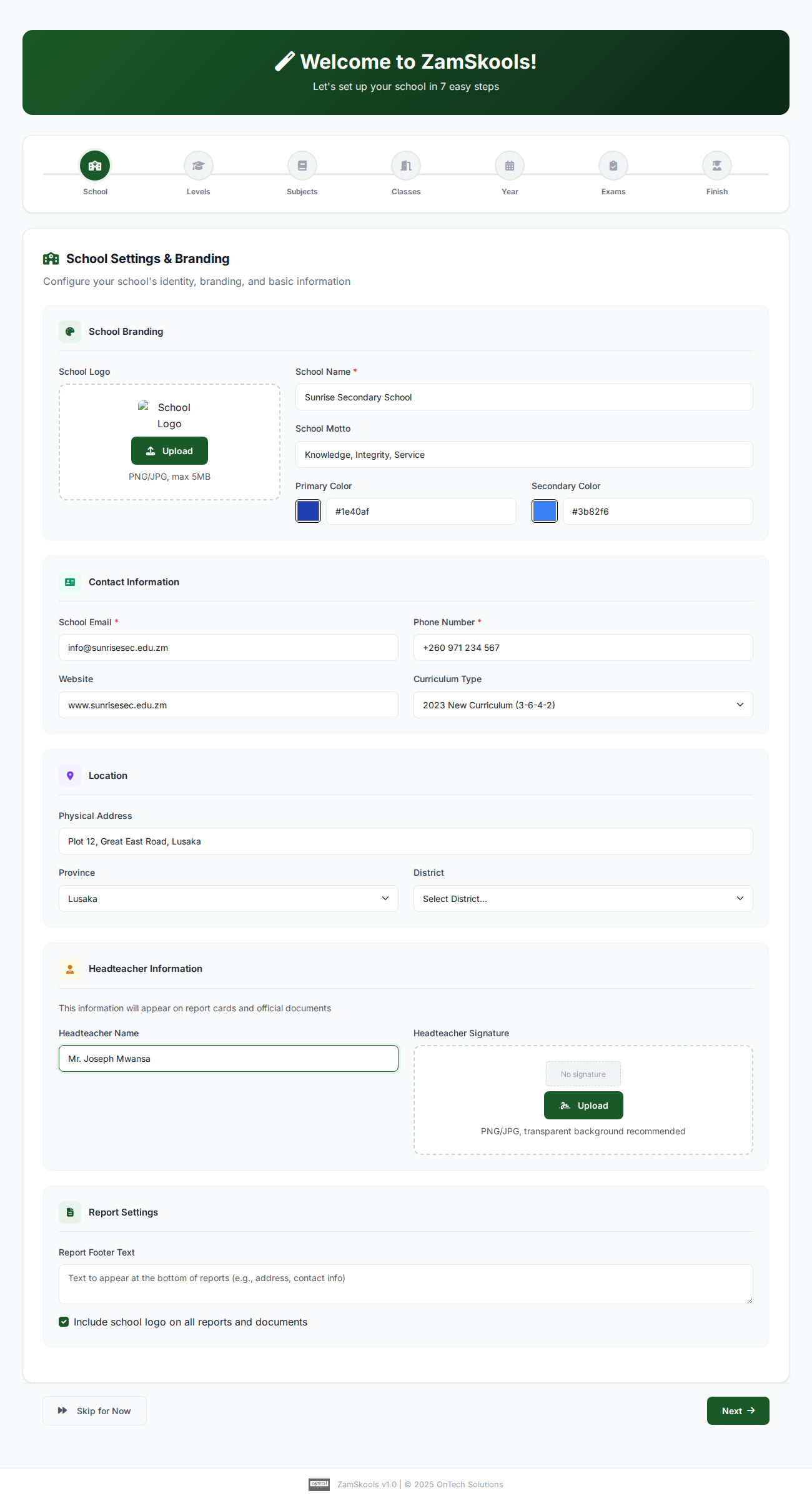 Screenshot of setup step 1: School Identity & Branding