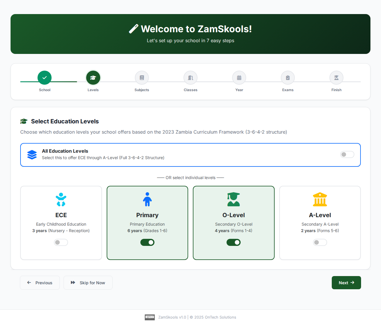 Screenshot of setup step 2: Education Levels