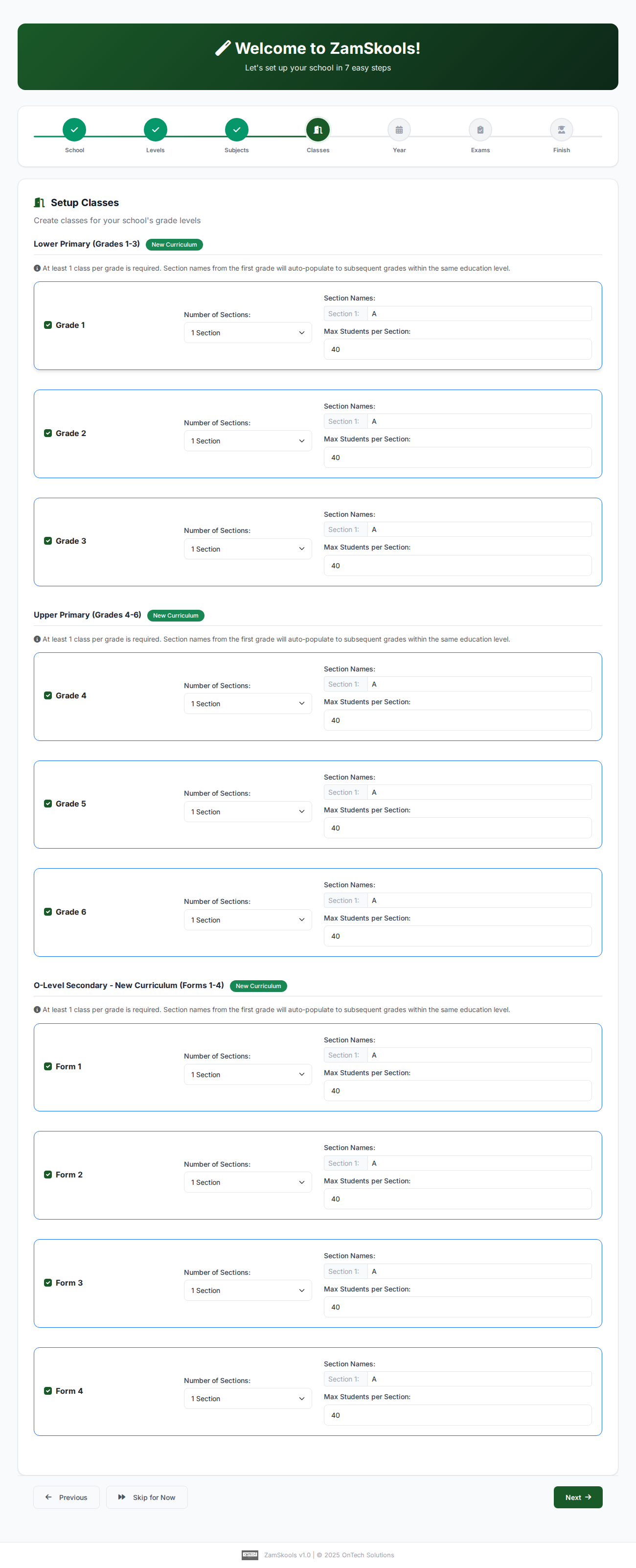 Screenshot of setup step 4: Classes & Sections