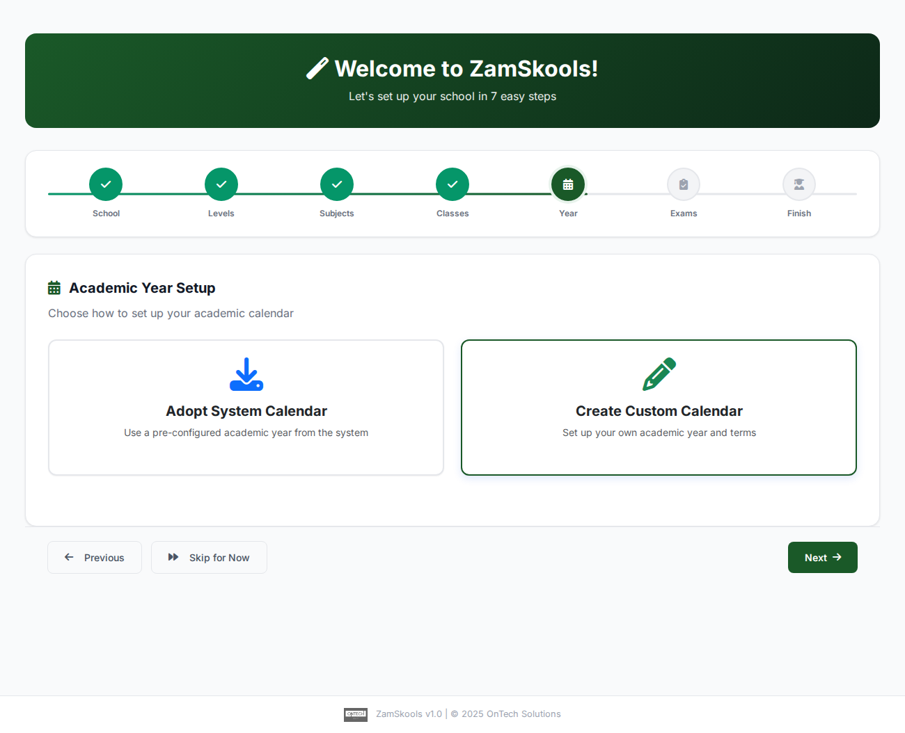 Screenshot of setup step 5: Academic Year