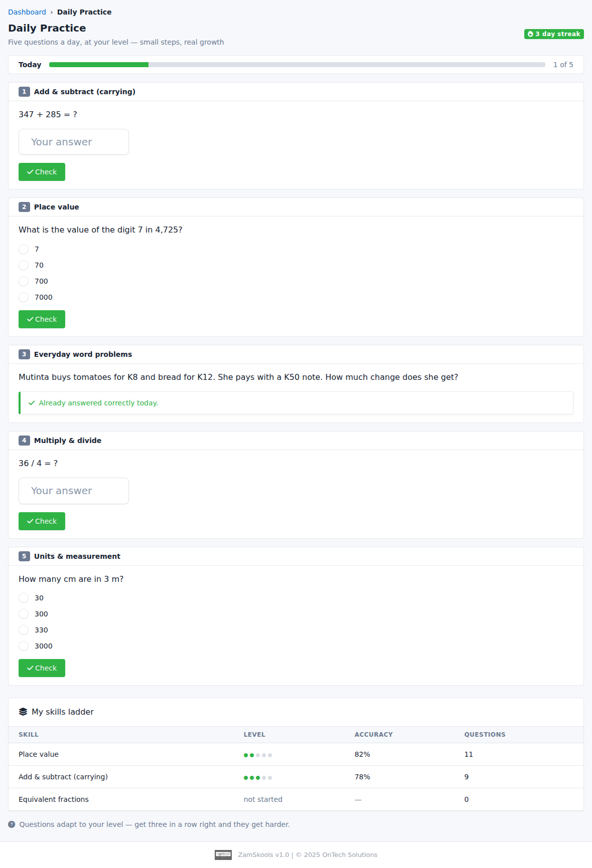 Daily Practice in the ZamSkools student portal: a day streak, a progress bar, maths questions with instant feedback, and a skills ladder showing levels and accuracy.