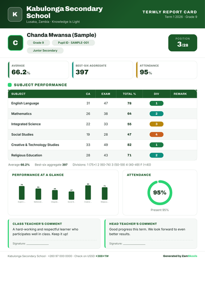 Modern report card layout: gradient header, colour stat tiles and division pills